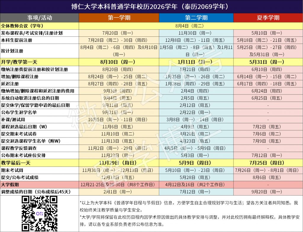 博仁大学 | 本科普通学年校历(2026) 博仁大学 | 本科普通学年校历(2026)